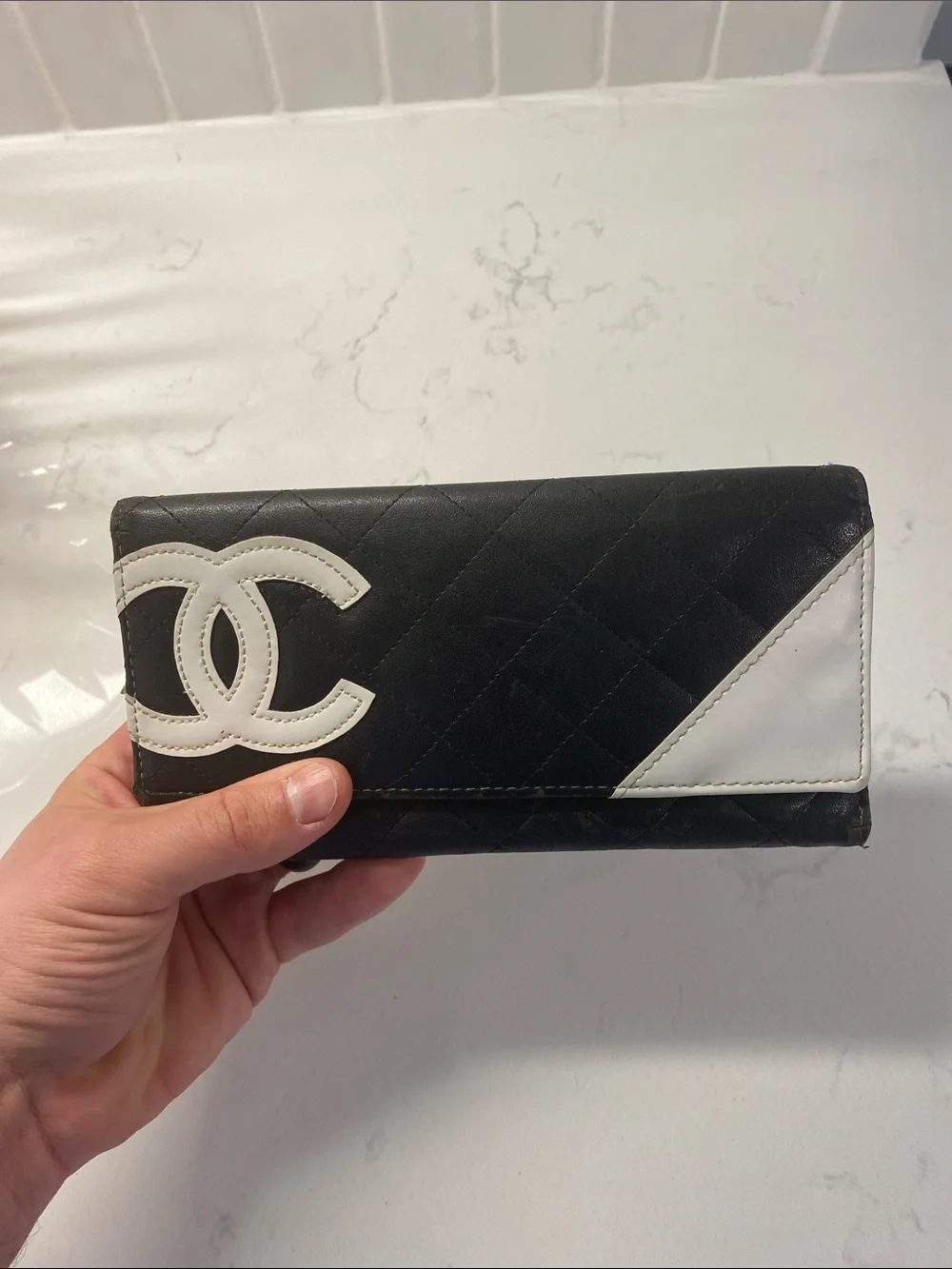 Chanel Cambon Line Long Wallet Black White Diamond Used Women Classic RARE ✨